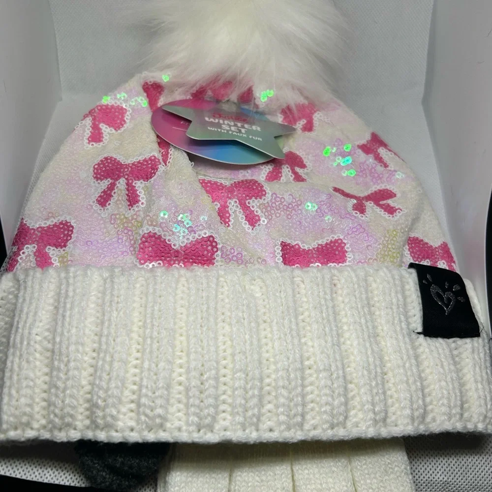 Justice Sequin Kid’s Hat Gloves Set White and Pink‎ Bow